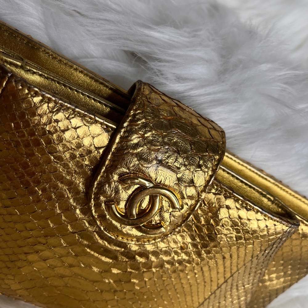 CHANEL python metallic gold clutch
